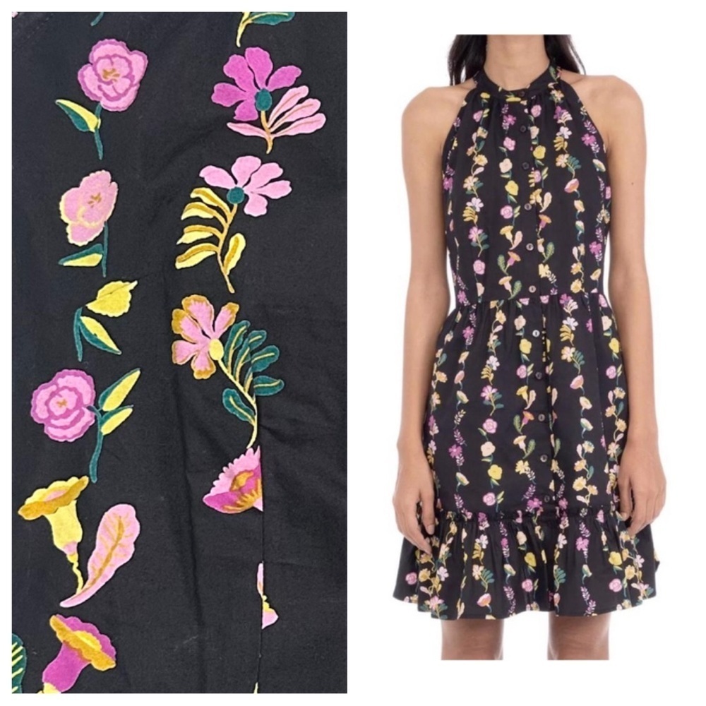 NEW Banjanan Indigo Dress Sz S Floral Onyx Black Pink Floral Pockets